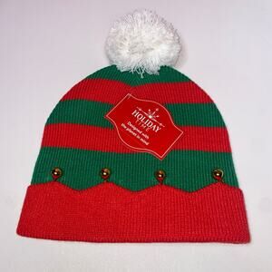 Women's Red & Green Jingle Bell Elf Pom Pom Beanie Hat